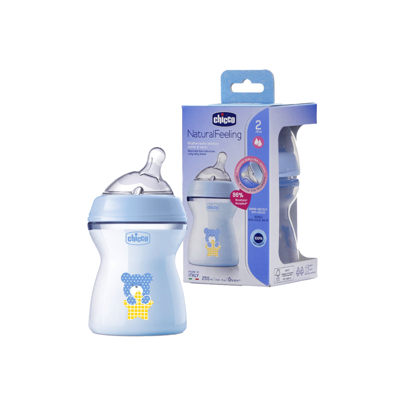 Chicco Natural Feeling Baby Feeding Bottle Curved Nipple Blue 2M+ 250ml