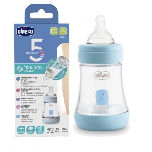 Chicco Perfect5 Intui-flow system Blue Silicone Baby Bottle Slow Flow 0M+ 150ml