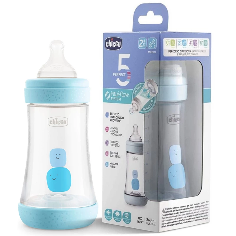 Chicco Perfect5 Blue Silicone Baby Bottle Medium Flow 2M+ 240ml