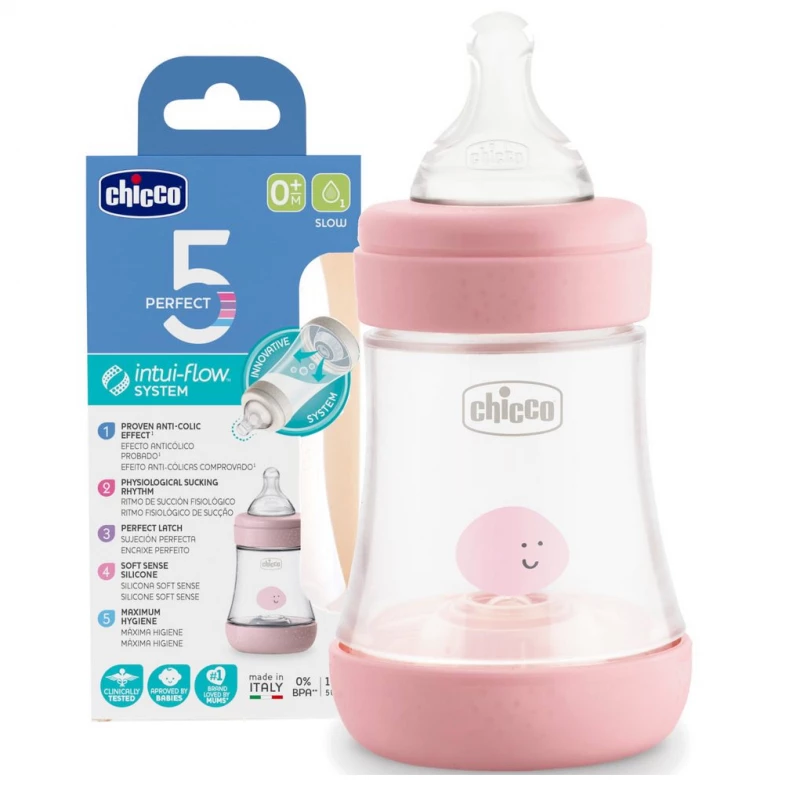 Chicco Perfect5 Pink Silicone Baby Bottle Slow Flow 0M+ 150ml