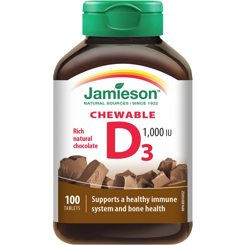 Jamieson Vitamin D3 Chocolate Flavor 1000 IU 100 Chewable Tablets