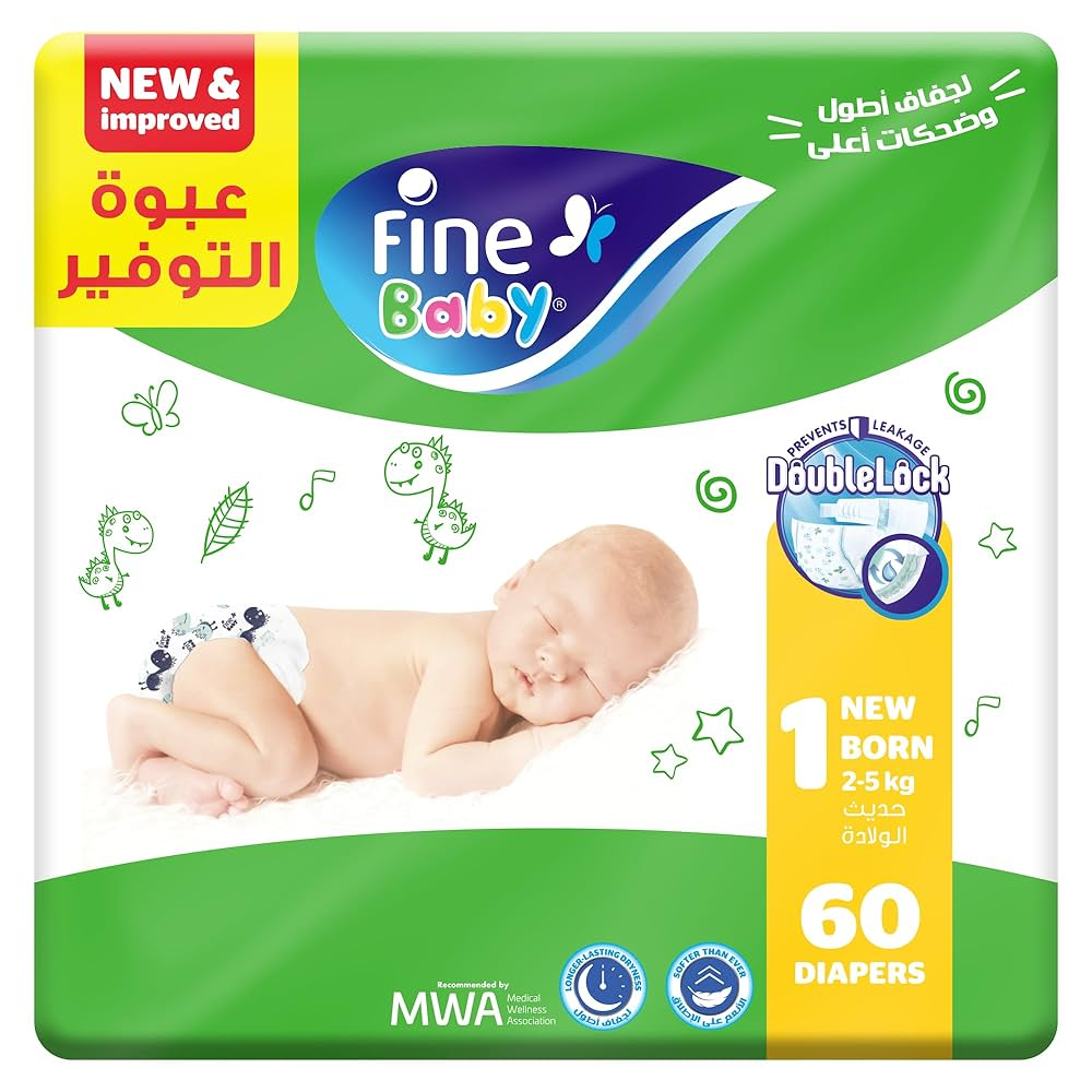 Fine Baby Diapers Size 1 New Born 2-5 Kg Jumbo 60 Diapers