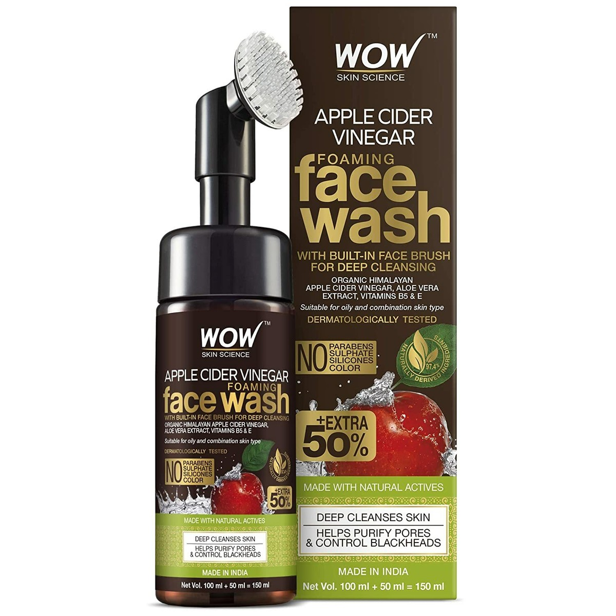 Wow Skin Science Apple Cider Vinegar Face Wash With Brush 150ml